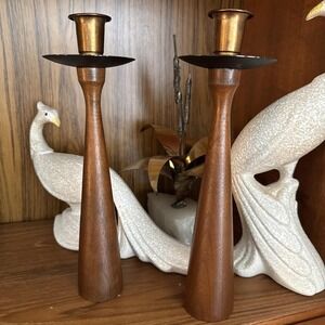 VTG Pair Danish Modern Teak & Brass Tulip Candle Holders MCM 10" Rude Osolnik‎